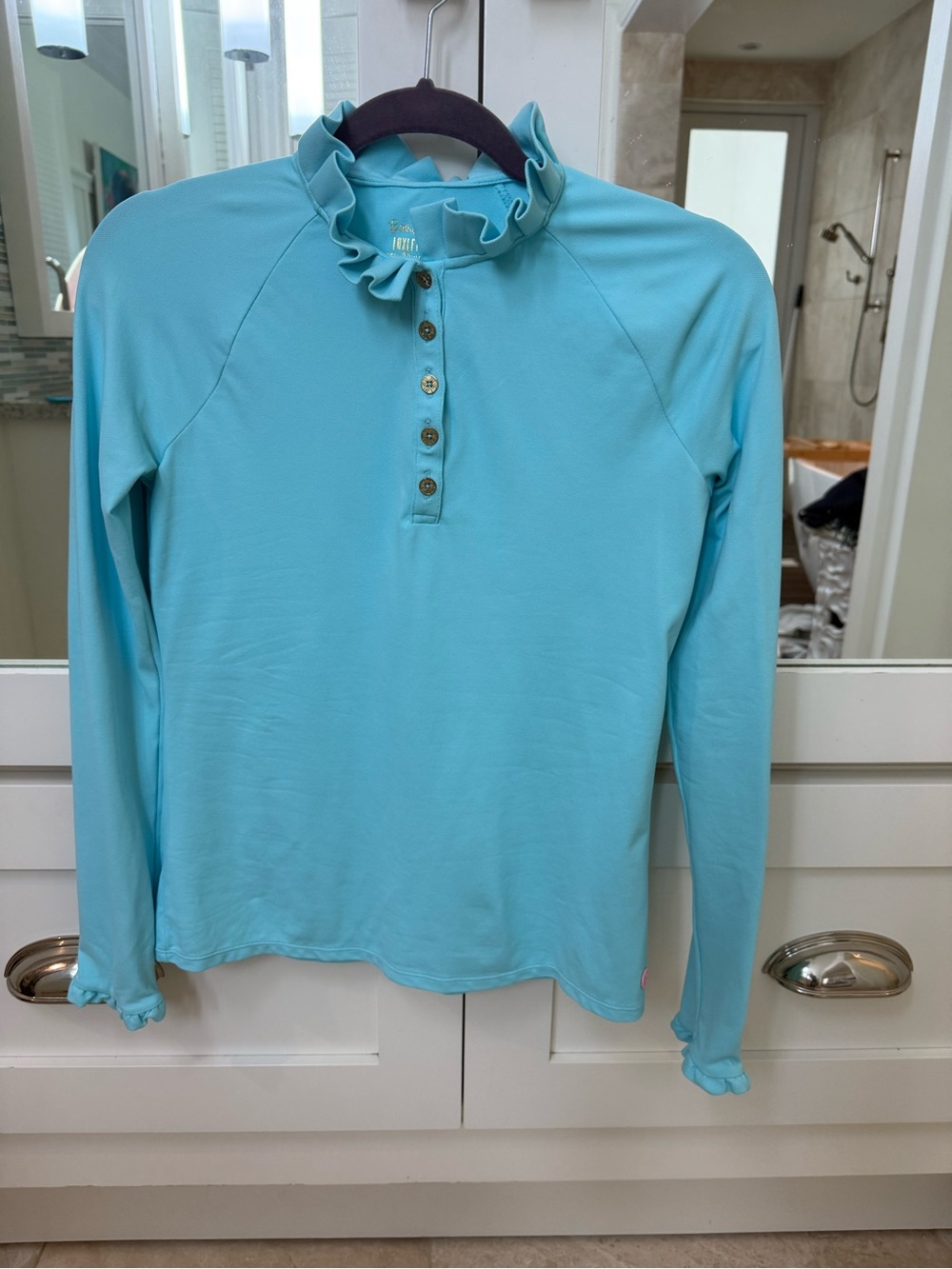 Lilly Luxletic Women’s Light Blue Ruffle Collar Long Sleeve Top